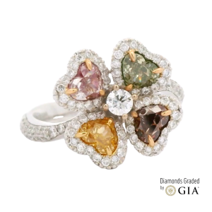 4-Heart Fancy Color Diamond Flower Ring | GIA